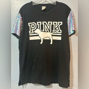 Pink VS Black Tee with Iridescent Reverse Sequined Sleeves - Size Small